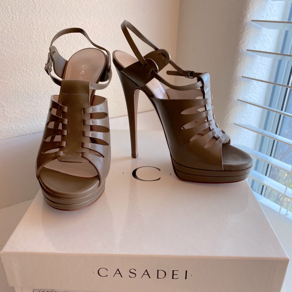 NEW Casadei Leather Platform Sandal Heels 37.5 7.5